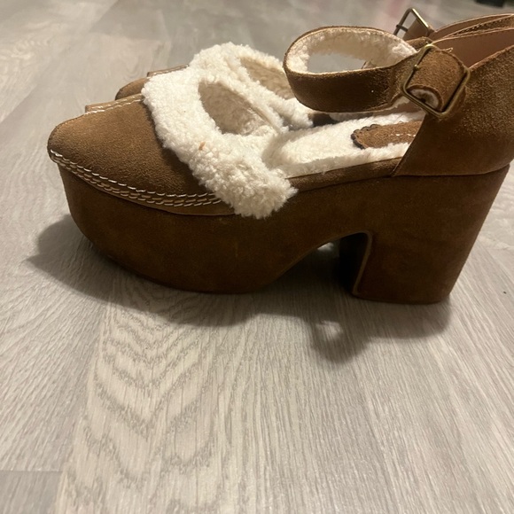 Joyfolie Tan Suede Platform Shoes with Cream Accents